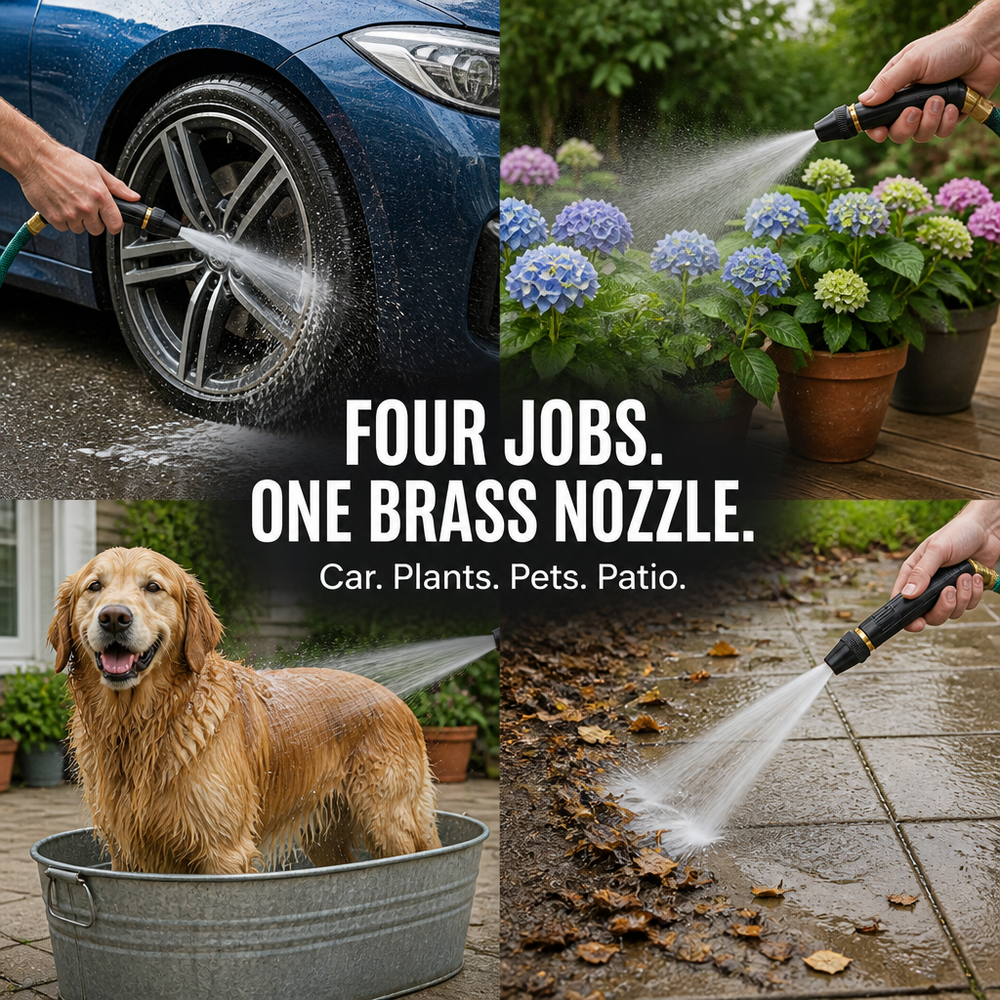 Adjustable Garden Hose Nozzle – Solid Brass, High-Pressure Jet & Mist Spray