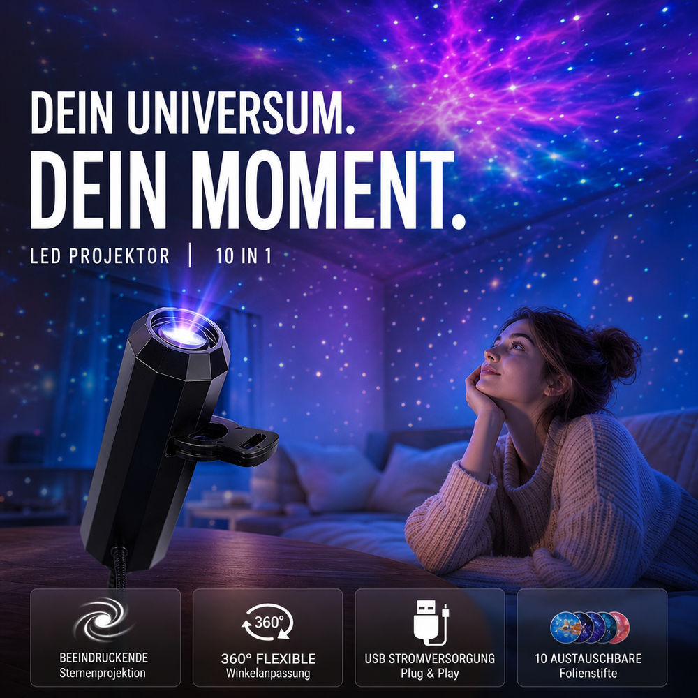 LED Star Projector – 10 Projection Inserts, 360° Rotatable & USB Powered