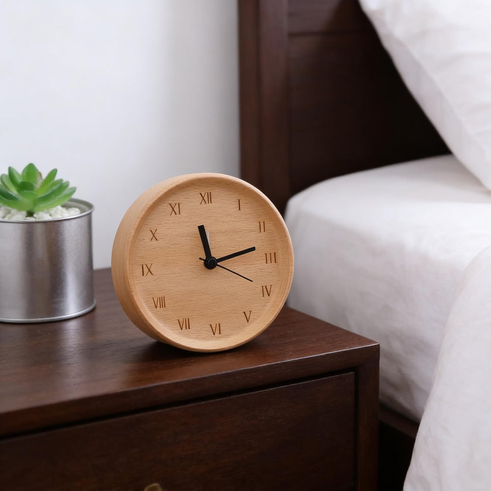 Silent Beech Wood Alarm Clock – Snooze Function, Minimalist Design, Perfect for Home & Office Decor