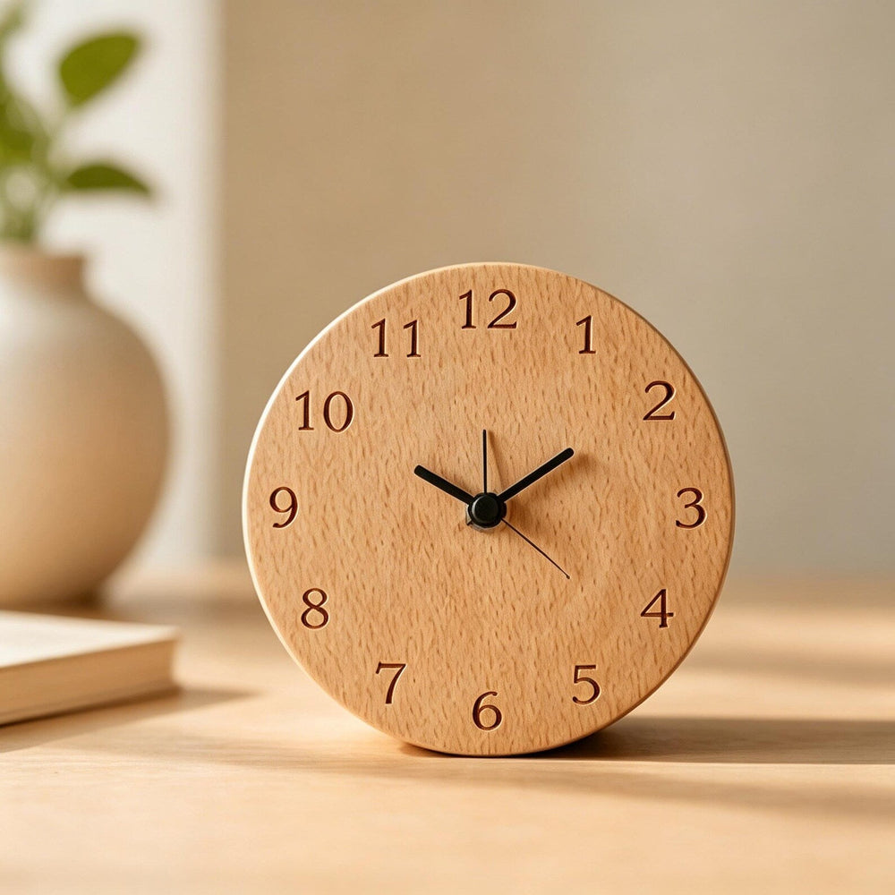 Silent Beech Wood Alarm Clock – Snooze Function, Minimalist Design, Perfect for Home & Office Decor