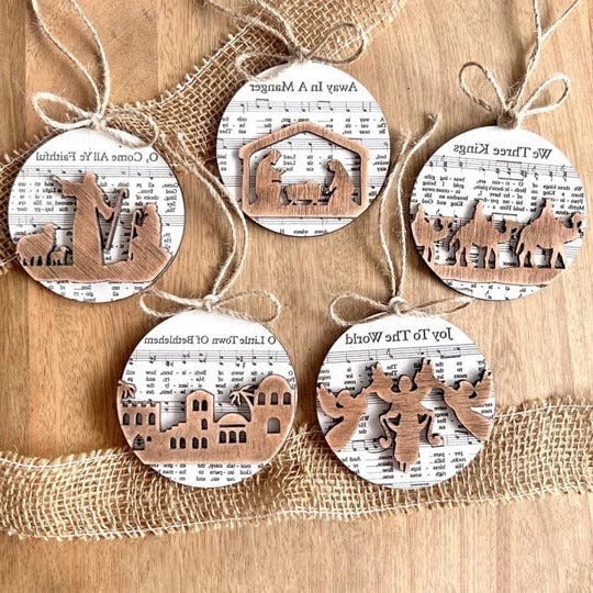 Nativity-Themed Music Sheet Ornament Collection - Elegant Holiday Decor for Christmas Tree & Home