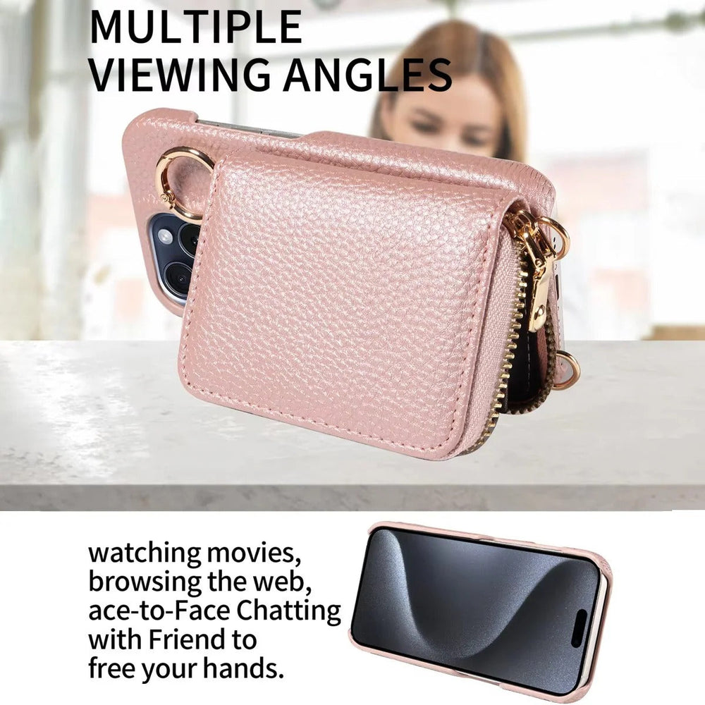 iPhone Wallet Case – Genuine Leather, Zipper Closure & Card Slot Organizer