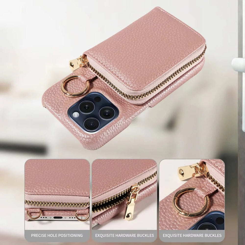 iPhone Wallet Case – Genuine Leather, Zipper Closure & Card Slot Organizer