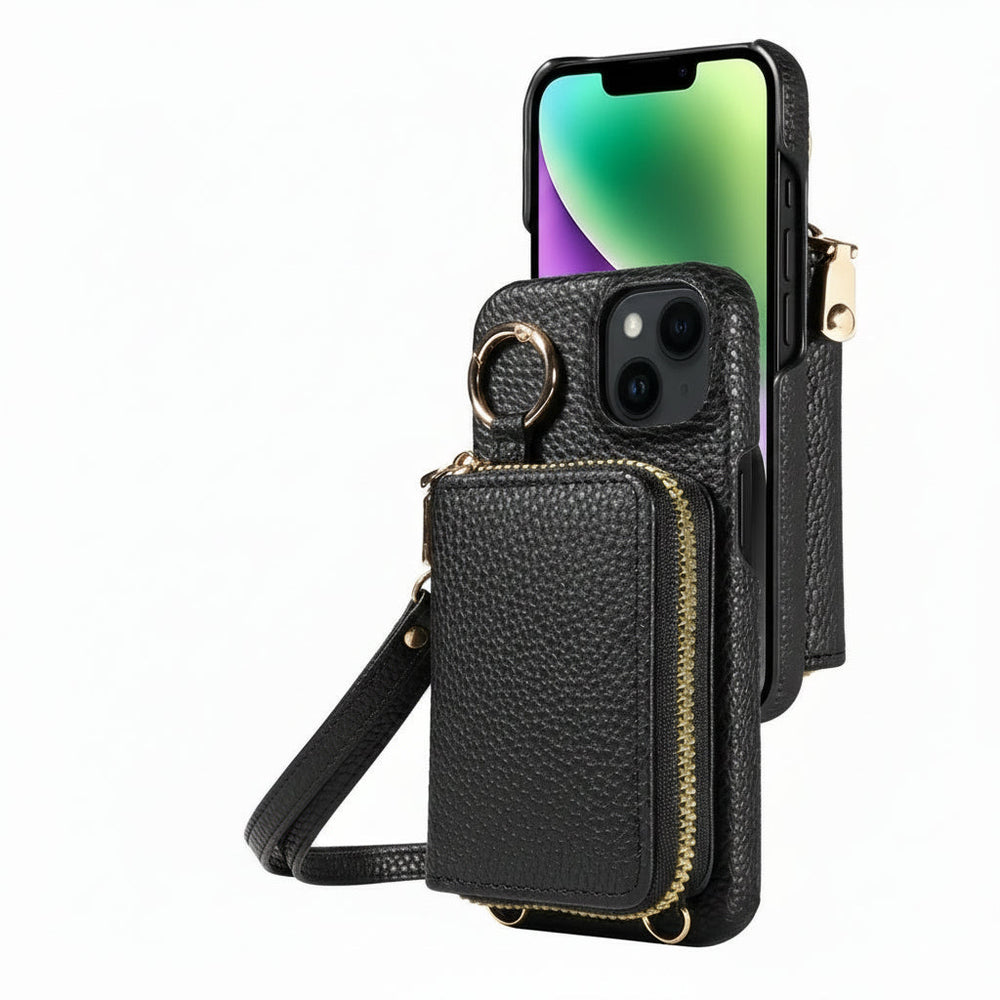 iPhone Wallet Case – Genuine Leather, Zipper Closure & Card Slot Organizer