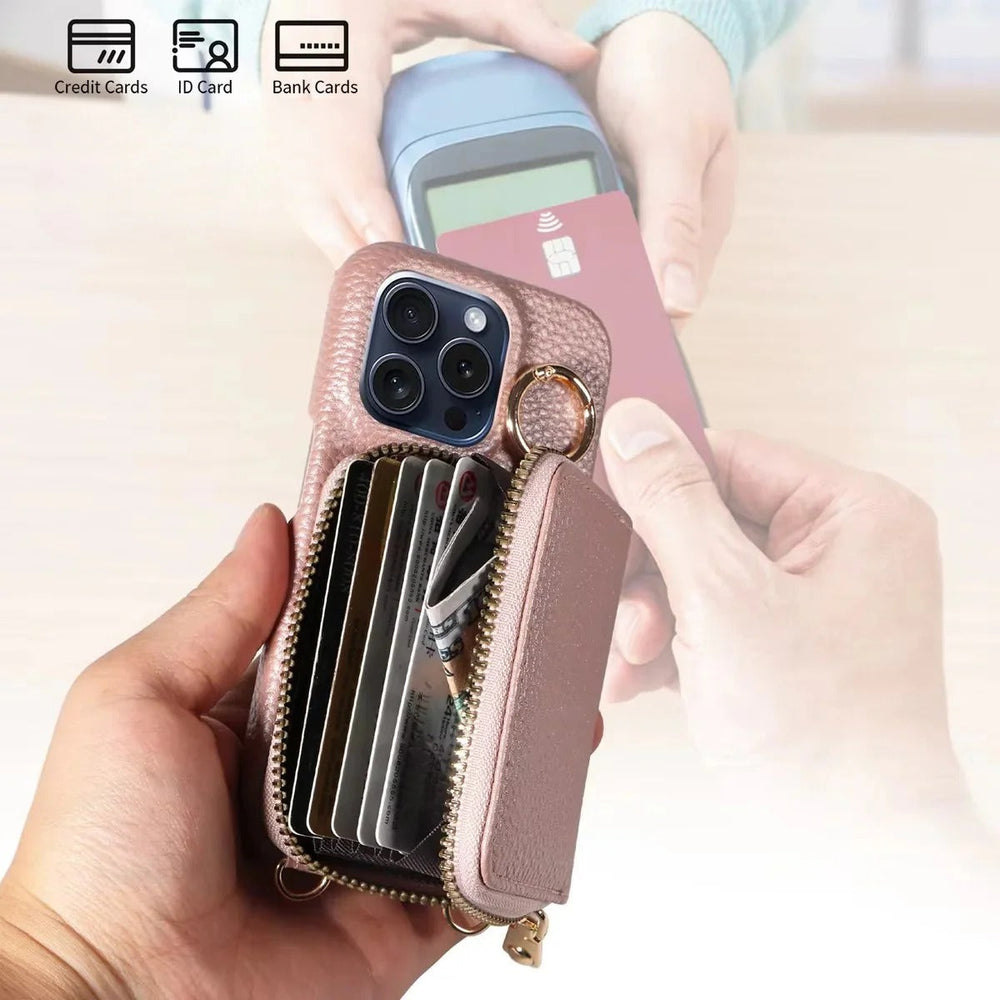 iPhone Wallet Case – Genuine Leather, Zipper Closure & Card Slot Organizer