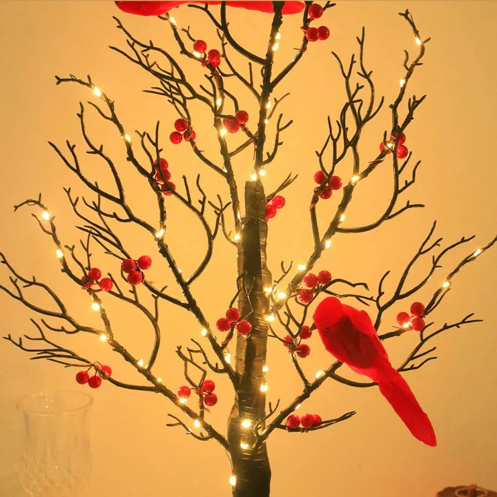 Warm White Glowing Copper Wire Tree with Cardinals – Tabletop Christmas Decor