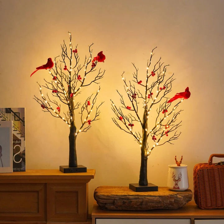 Warm White Glowing Copper Wire Tree with Cardinals – Tabletop Christmas Decor