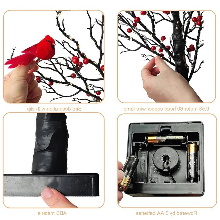 Warm White Glowing Copper Wire Tree with Cardinals – Tabletop Christmas Decor