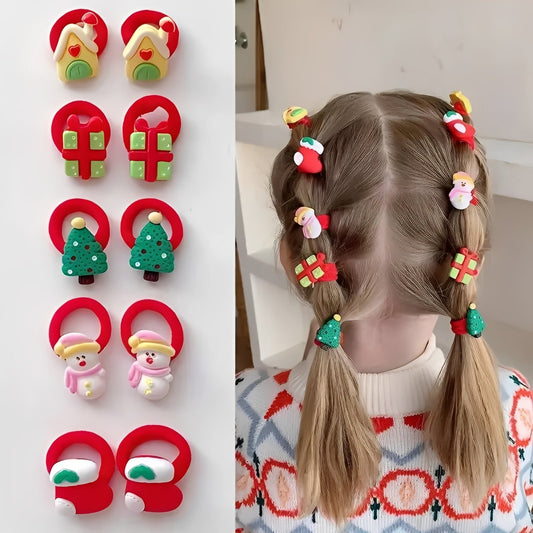 10-Piece Holiday Elastic Ponytail Hair Ties Set for Kids - Festive and Colorful Hair Accessories