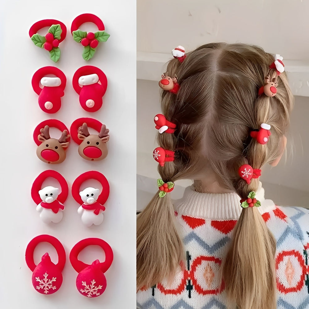 10-Piece Holiday Elastic Ponytail Hair Ties Set for Kids - Festive and Colorful Hair Accessories