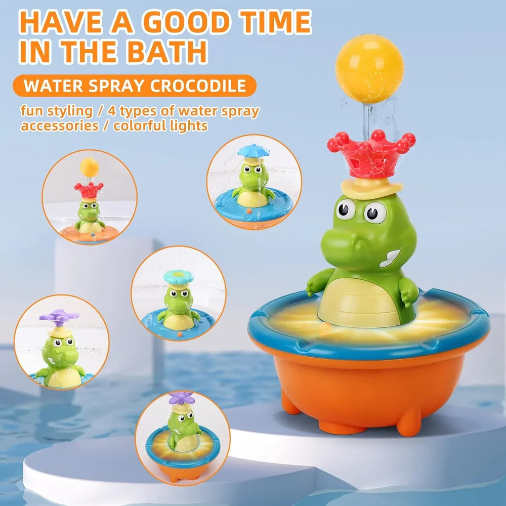 Crocodile Bath Toy with LED Light – Water Fountain, 4 Spray Heads & 360° Rotation