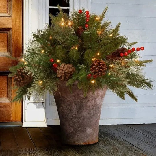 Realistic Pre-Lit Artificial Christmas Tree Urn Filler - Perfect Holiday Decoration