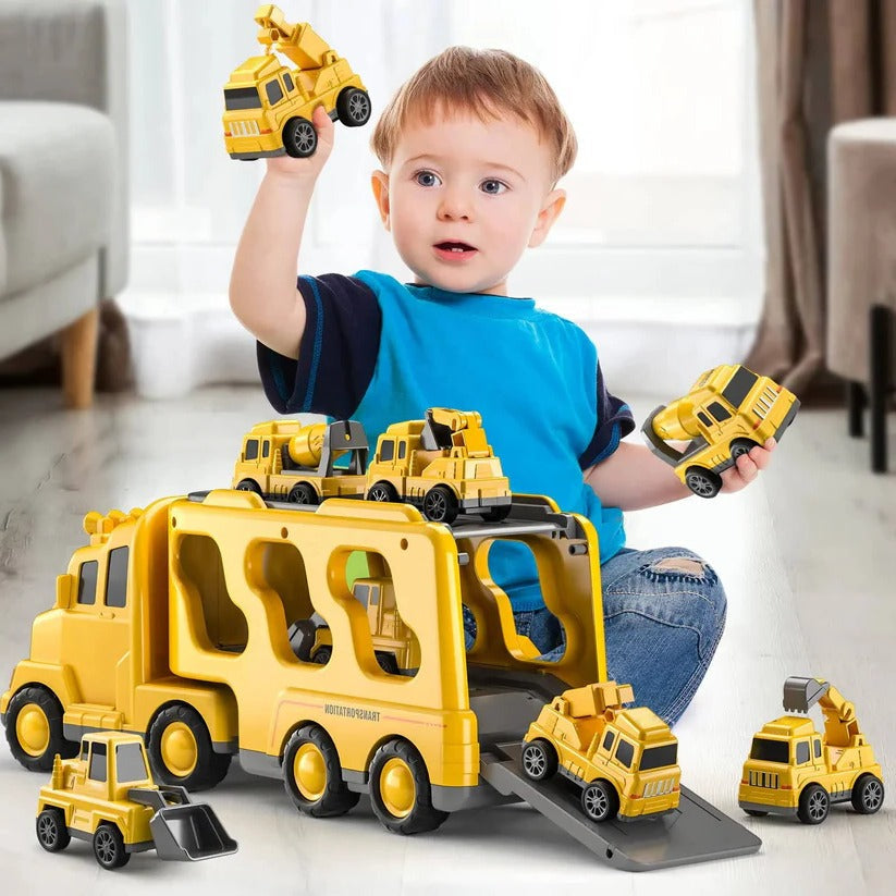 Construction Truck Toy Set – 5-Piece Playset, Carrier Truck & Loading Ramp