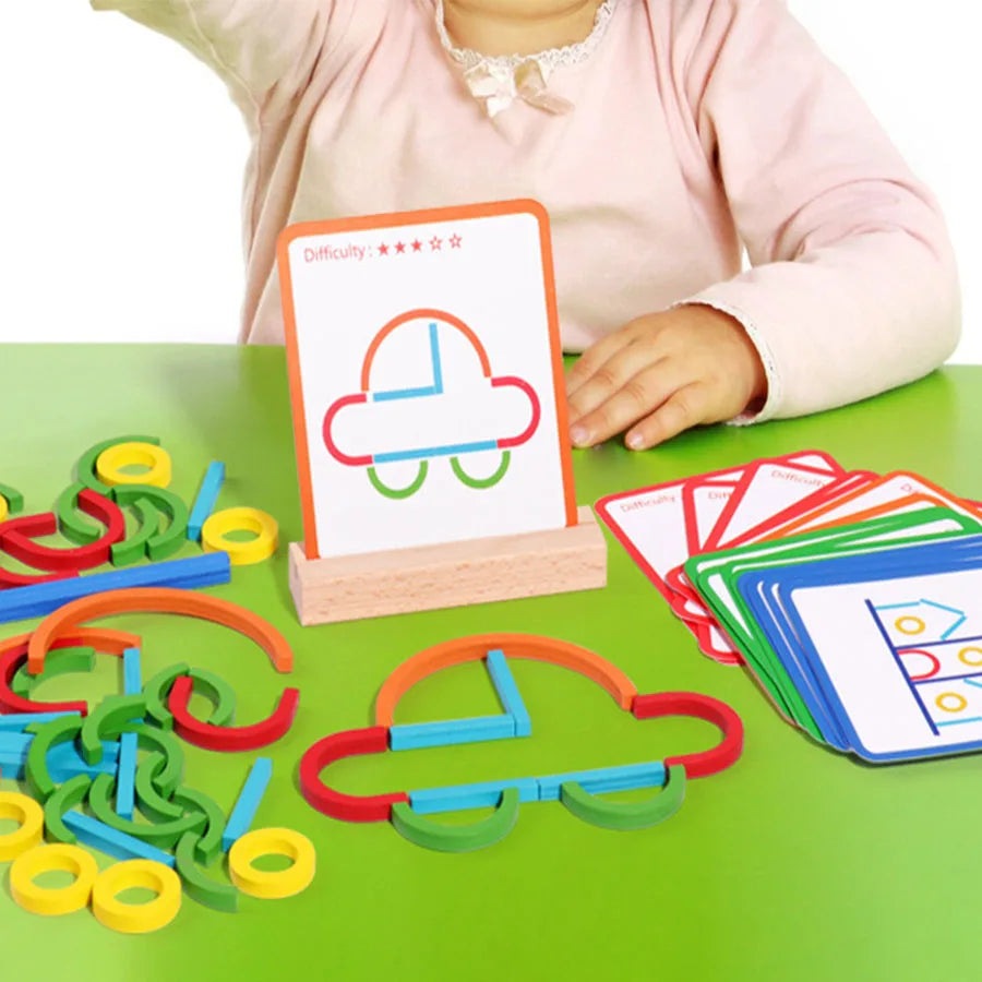 Optimized Product Title: "Holz-Stäbchen & Ringe Baukasten mit Aufgabenkarten - Kreatives Lernspielzeug für Kinder, Fördert Feinmotorik und Kreativität" 

This title includes relevant keywords while clearly describing the product's purpose and benefits, ma