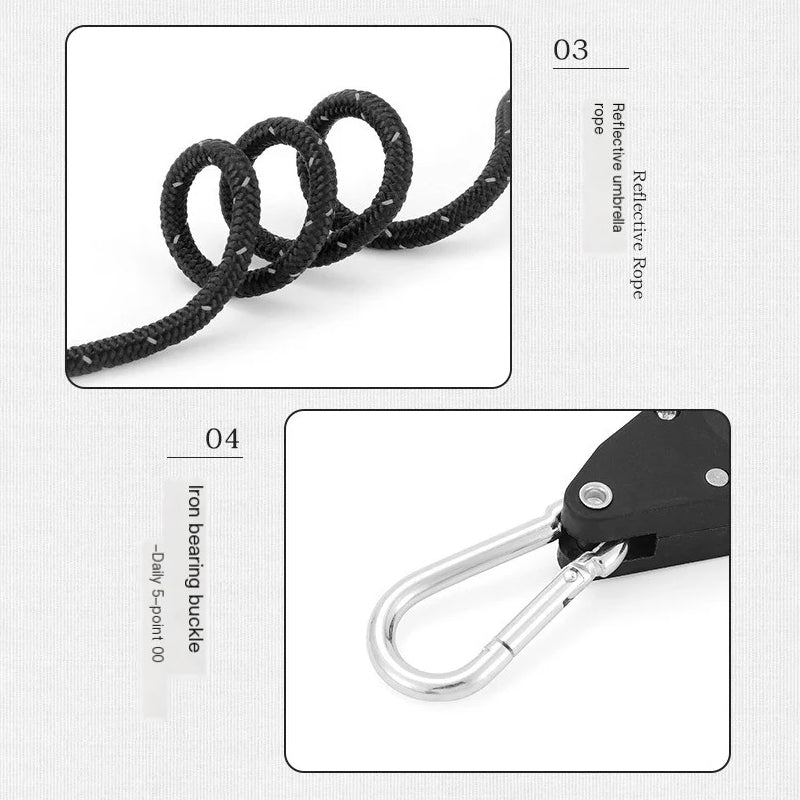 Adjustable Tent Guy Lines – 4-Pack, Reflective, Roller Buckle & Carabiner