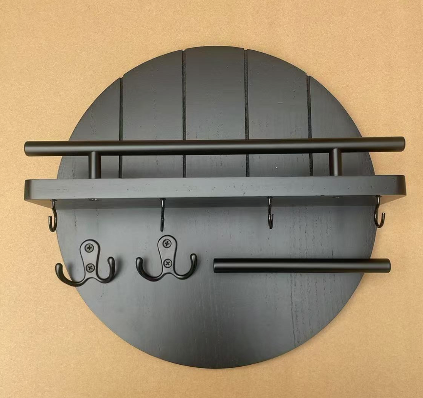 Round Wall Organizer – Key Hooks, Dual Shelves & 30cm Wood Design