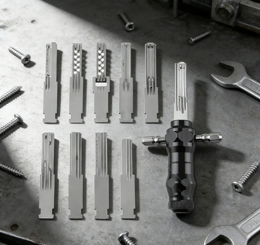 9-in-1 Stainless Steel Tubular Lock Tool Set – Interchangeable Blades & Ergonomic Grip