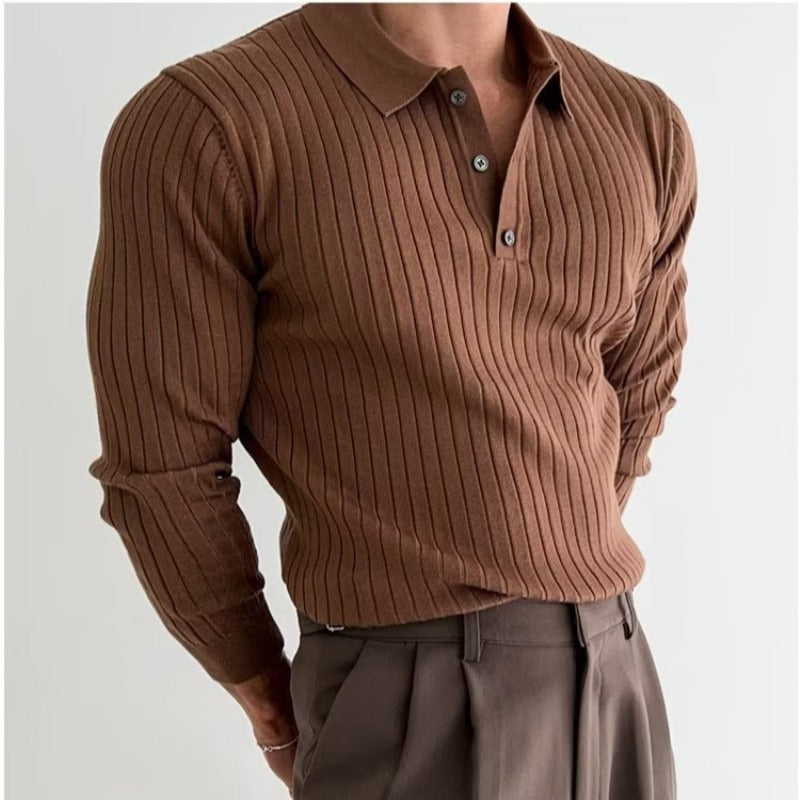 Knit Polo Sweater with Lapel Collar and Ribbing