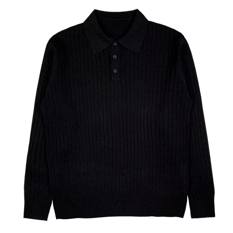 Knit Polo Sweater with Lapel Collar and Ribbing