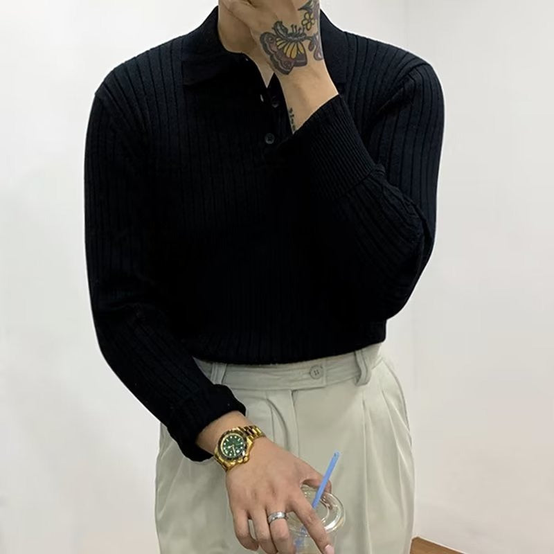 Knit Polo Sweater with Lapel Collar and Ribbing