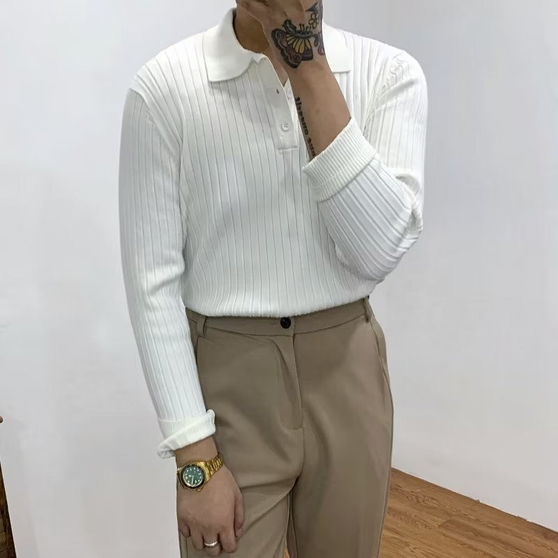 Knit Polo Sweater with Lapel Collar and Ribbing
