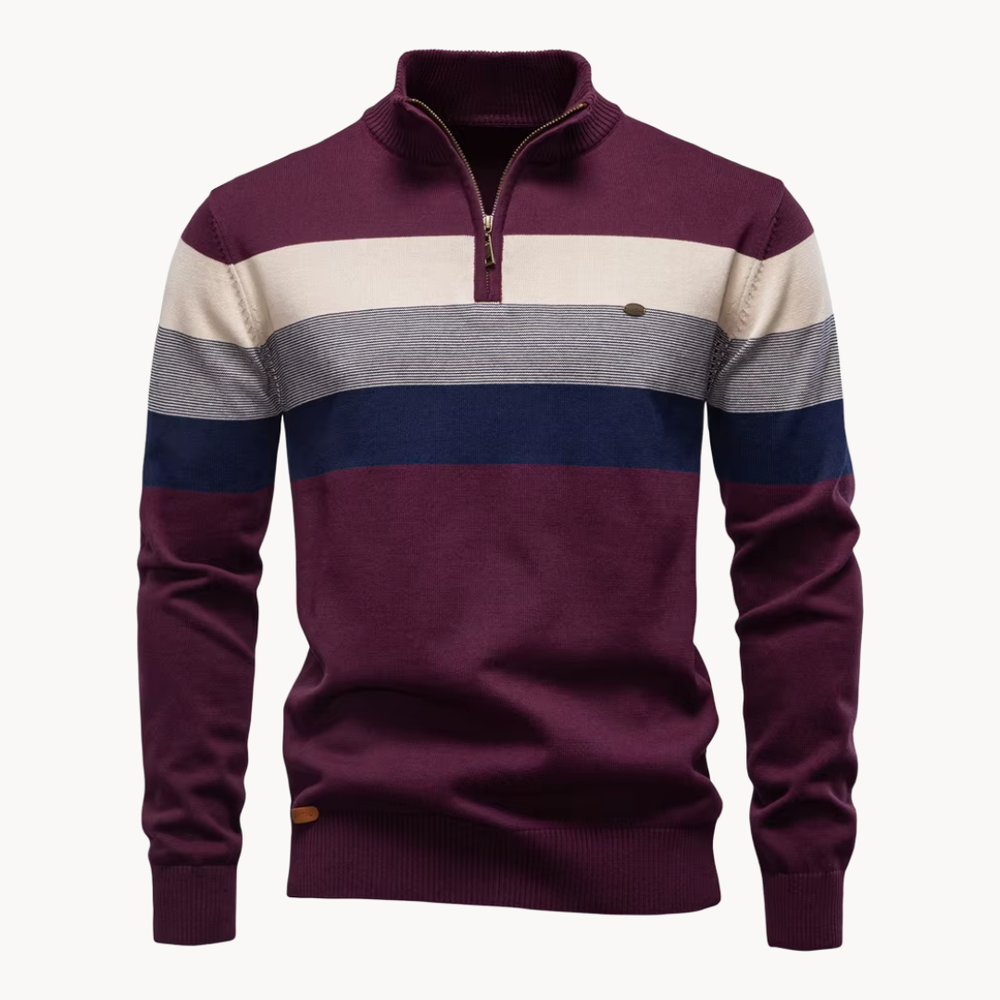 Knit Quarter Zip Sweater with Mock Neck and Stripes