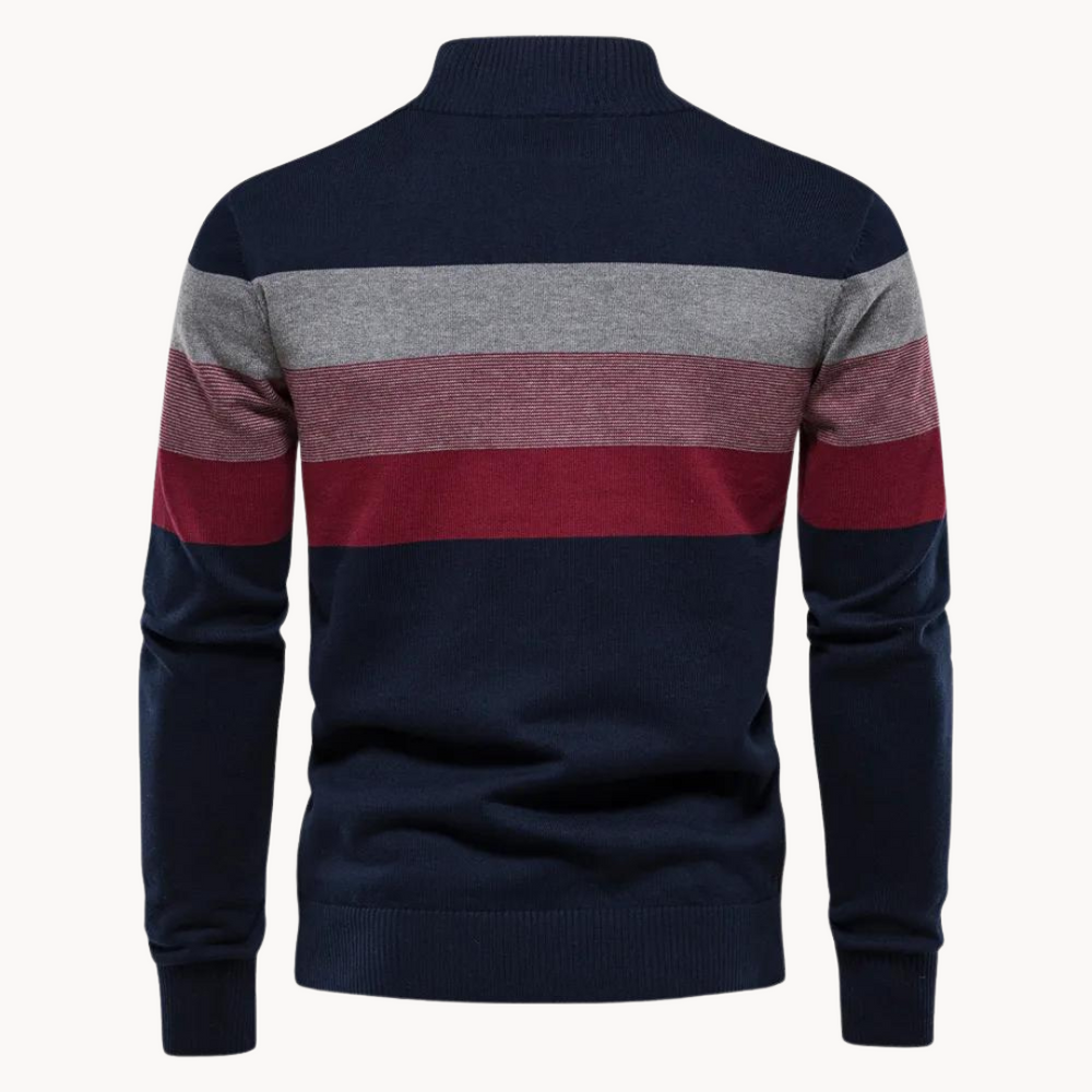 Knit Quarter Zip Sweater with Mock Neck and Stripes