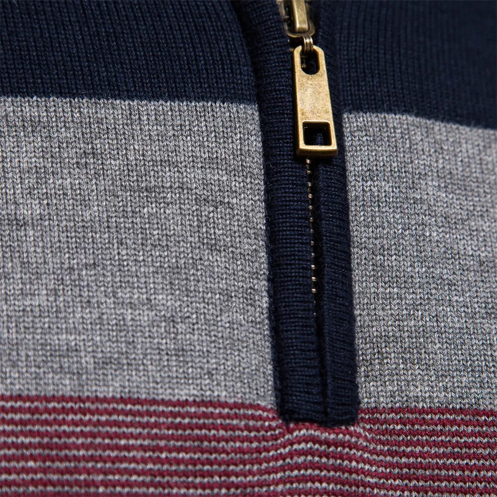 Knit Quarter Zip Sweater with Mock Neck and Stripes