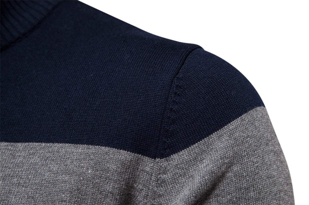 Knit Quarter Zip Sweater with Mock Neck and Stripes