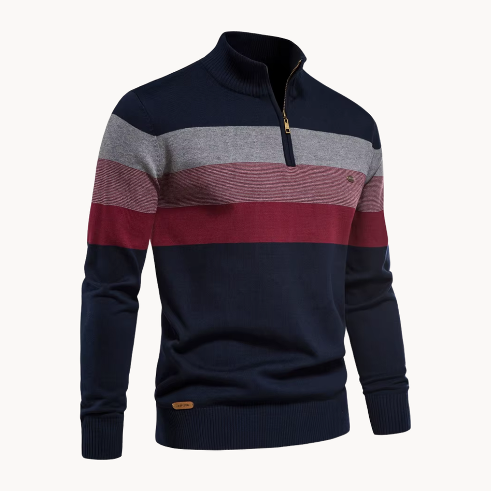 Knit Quarter Zip Sweater with Mock Neck and Stripes