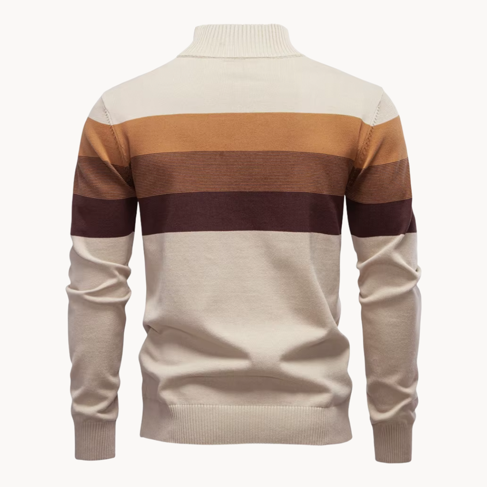 Knit Quarter Zip Sweater with Mock Neck and Stripes