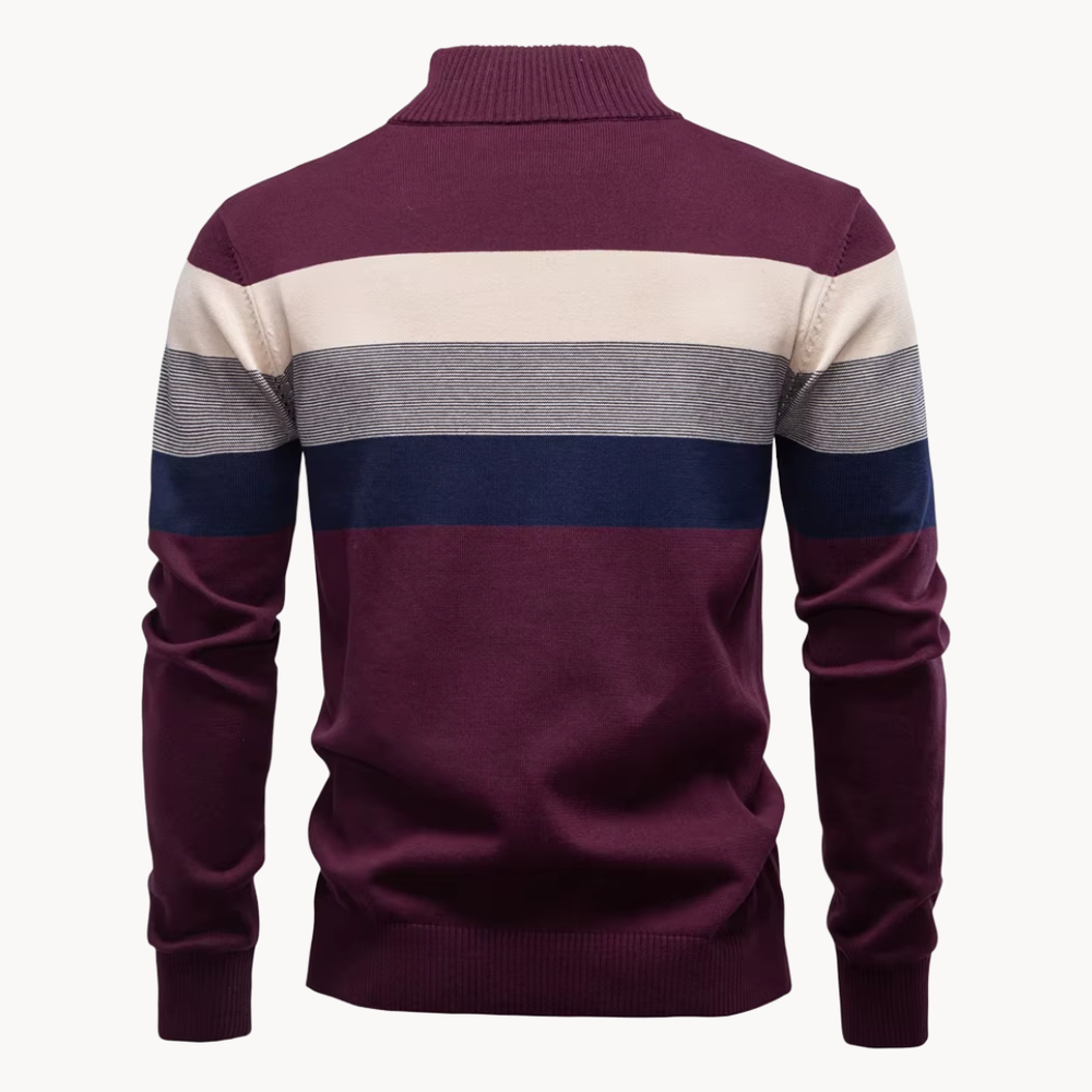 Knit Quarter Zip Sweater with Mock Neck and Stripes
