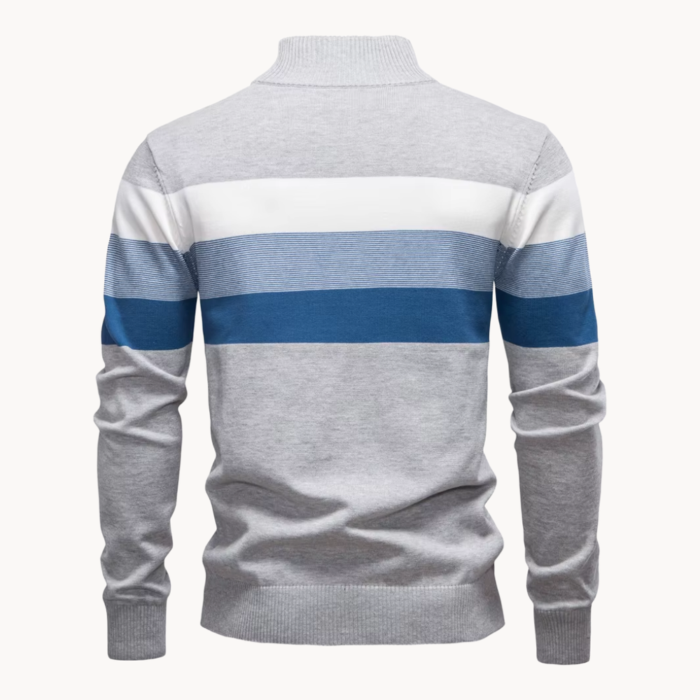 Knit Quarter Zip Sweater with Mock Neck and Stripes