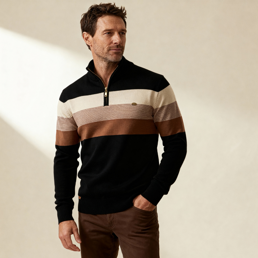 Knit Quarter Zip Sweater with Mock Neck and Stripes