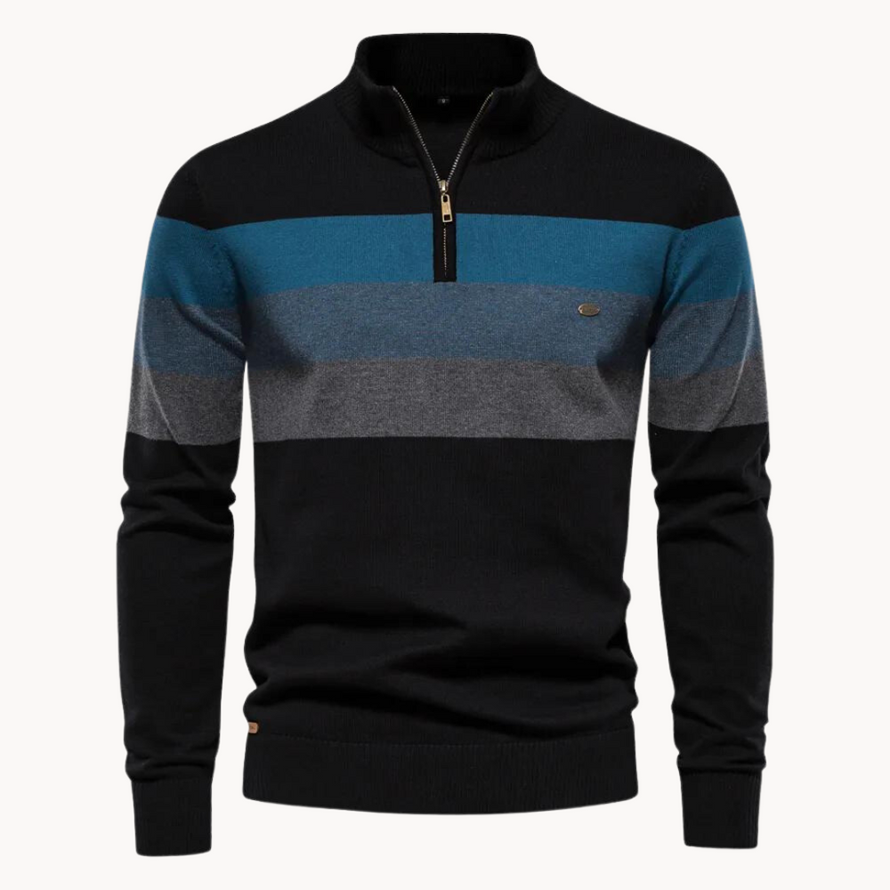 Knit Quarter Zip Sweater with Mock Neck and Stripes