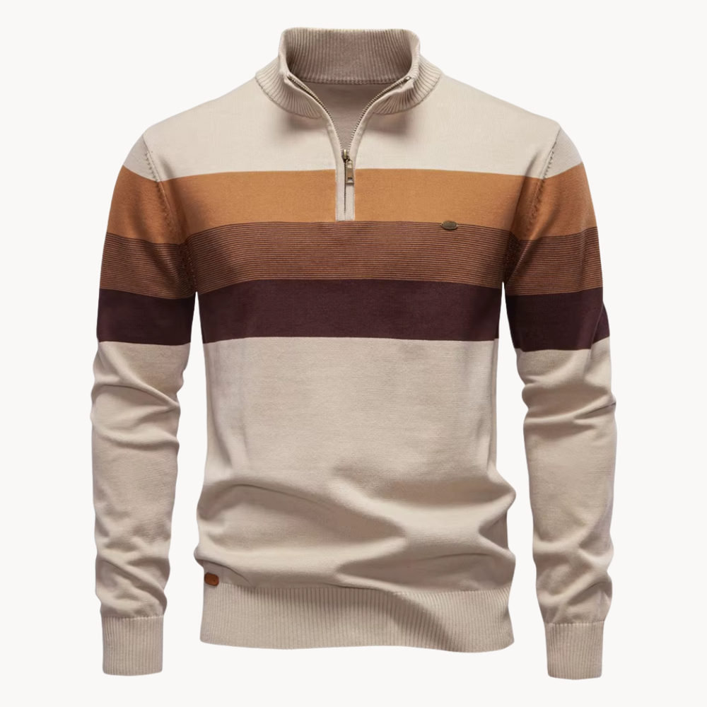 Knit Quarter Zip Sweater with Mock Neck and Stripes