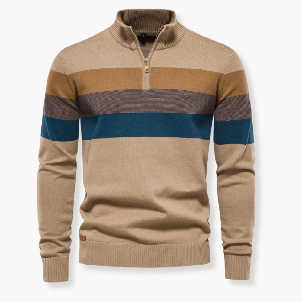 Knit Quarter Zip Sweater with Mock Neck and Stripes