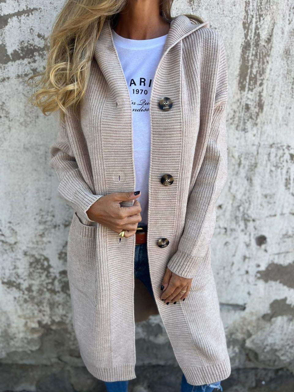 Knitted Long Women's Cardigan with Hood - Liv
