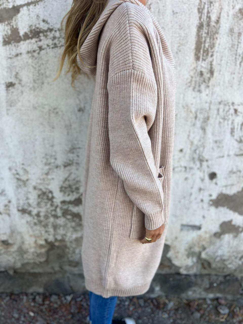 Knitted Long Women's Cardigan with Hood - Liv