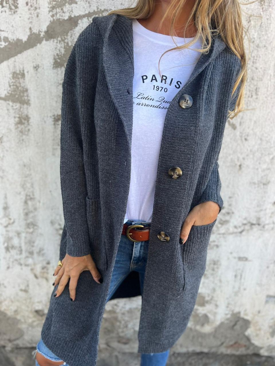 Knitted Long Women's Cardigan with Hood - Liv