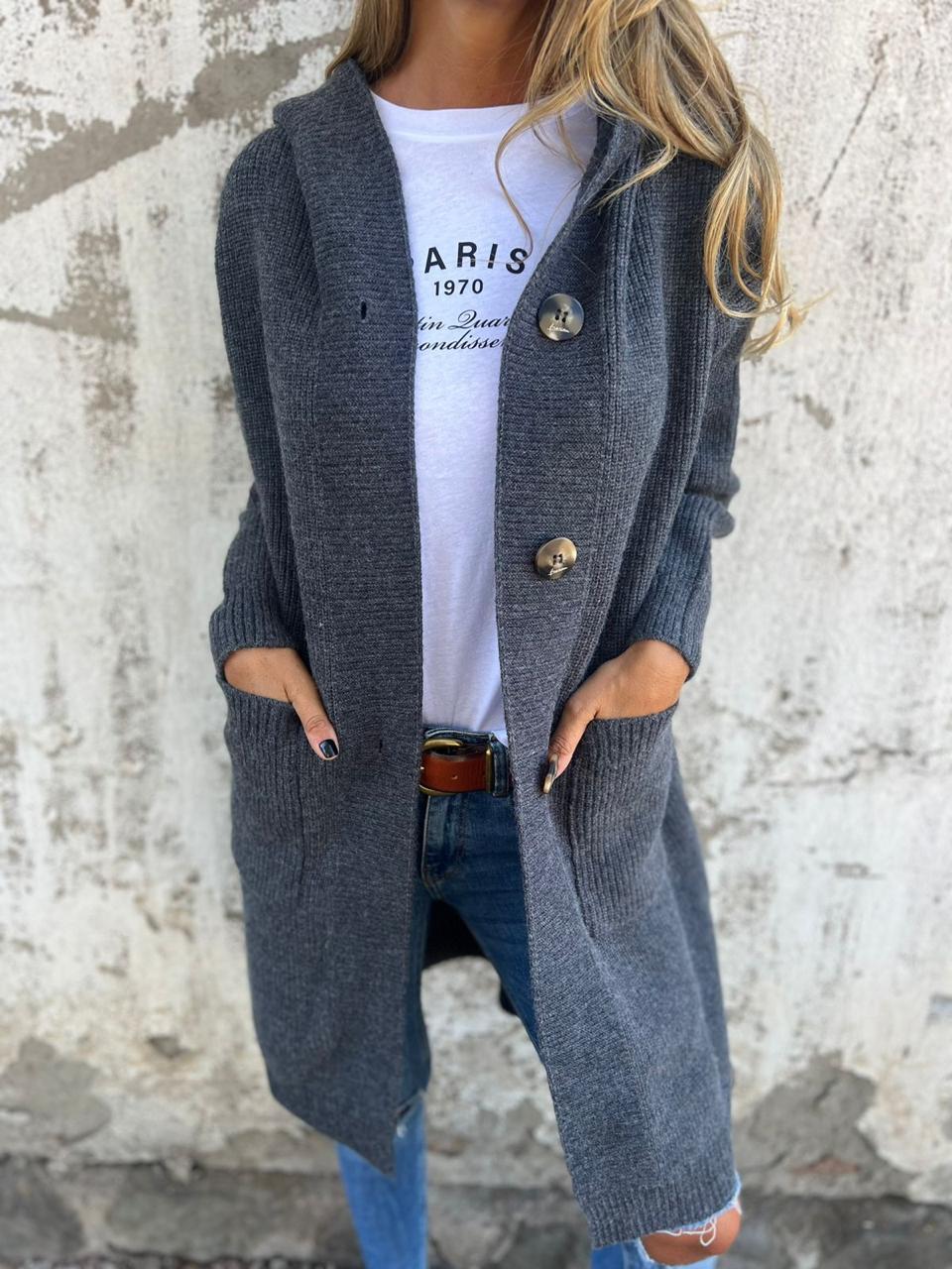 Knitted Long Women's Cardigan with Hood - Liv