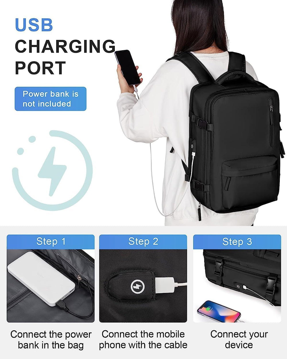 Waterproof Travel Backpack with Shoe Compartment & USB Charging Port - Fits 14" Laptop (35.56 cm) - Ideal for Hiking, Camping & Daily Use