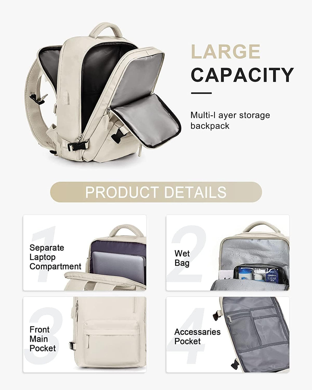 40L Waterproof Travel Backpack with Shoe Compartment & USB Charging Port - Fits 14" Laptop (35.56 cm) - Ideal for Hiking, Camping, and Daily Use