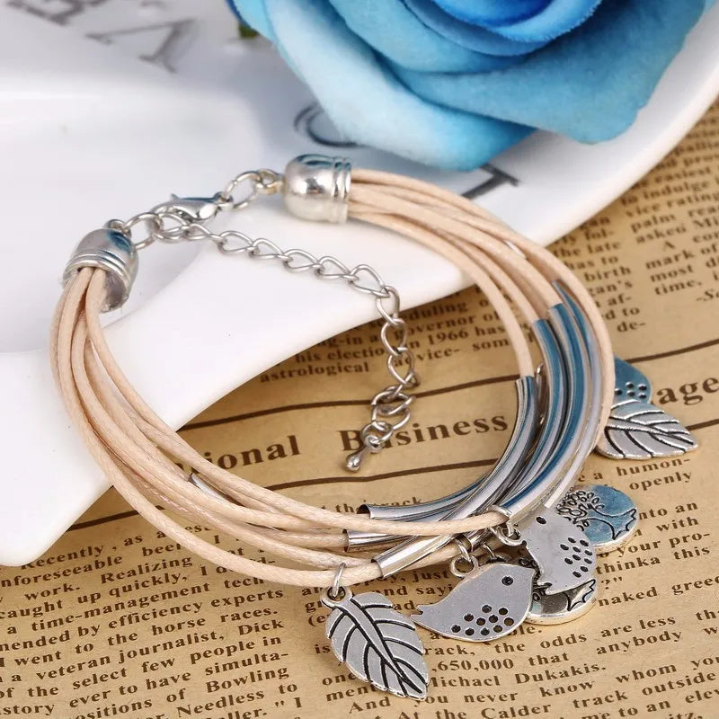 Elegant Layered Natural Leather Bracelet | Multi-Strand Women's Jewelry for Stylish Accessory Lovers