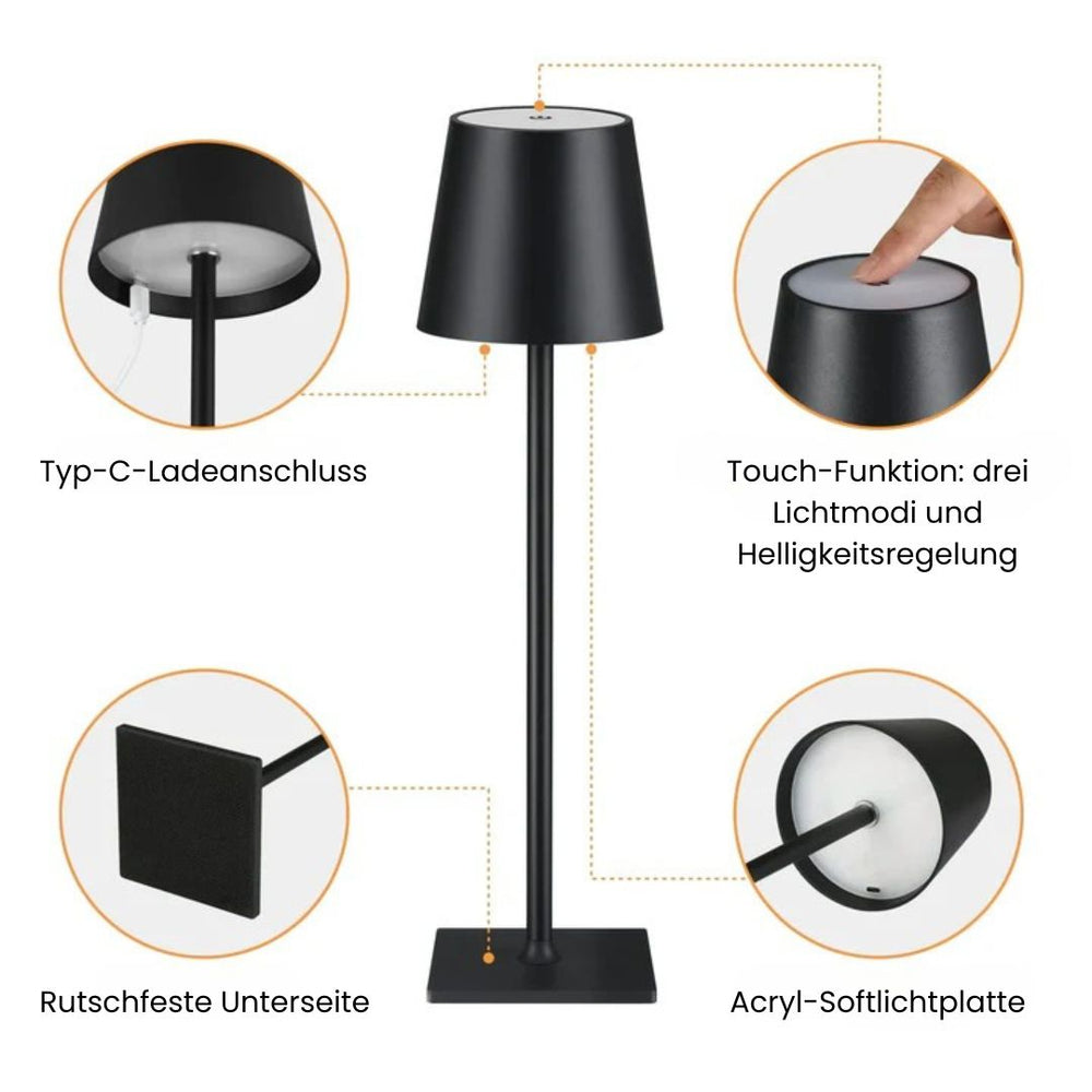 Optimized Product Title: "Kabellose LED-Tischlampe mit Touch-Dimmer – Drahtlose Beleuchtung für eine stilvolle Atmosphäre" 

This title includes relevant keywords while enhancing clarity and appeal for potential customers.