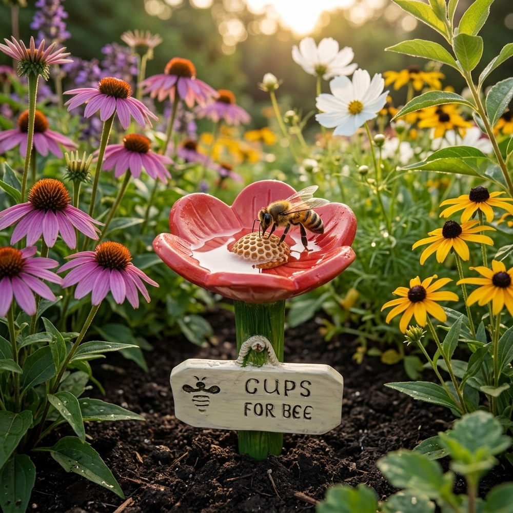Hand-Painted Bee & Butterfly Water Feeder – Weatherproof Resin, Ground Stake & Pollinator Safe