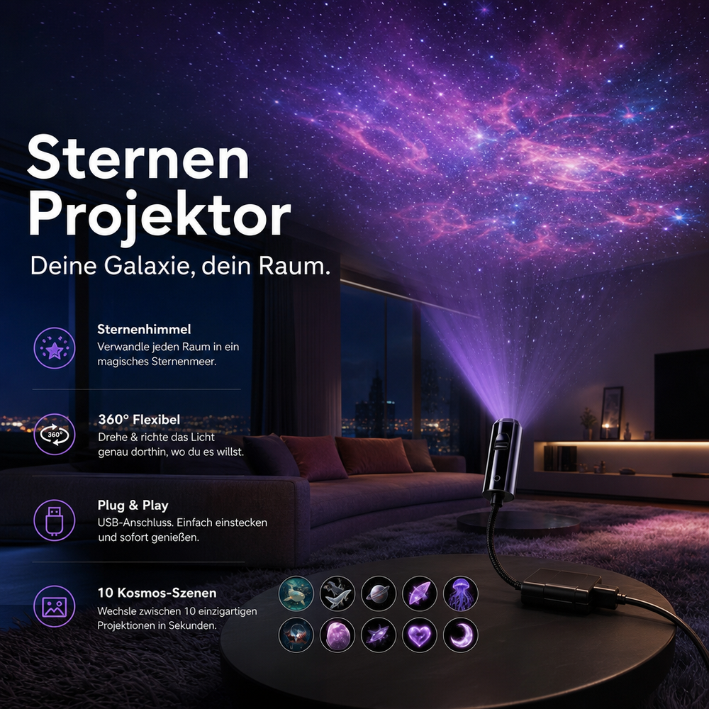 LED Star Projector – 10 Projection Inserts, 360° Rotatable & USB Powered