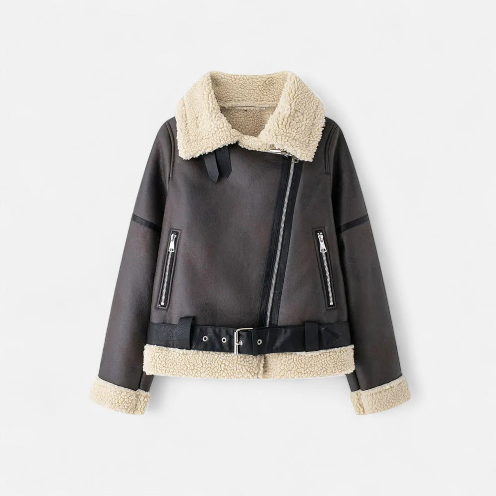 Women's belted leather jacket, view 1