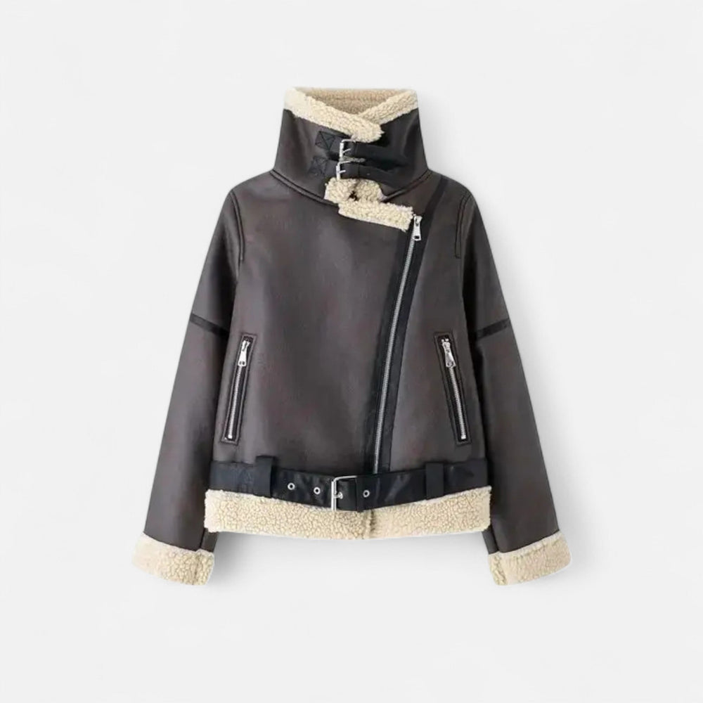 Women's belted leather jacket, view 3