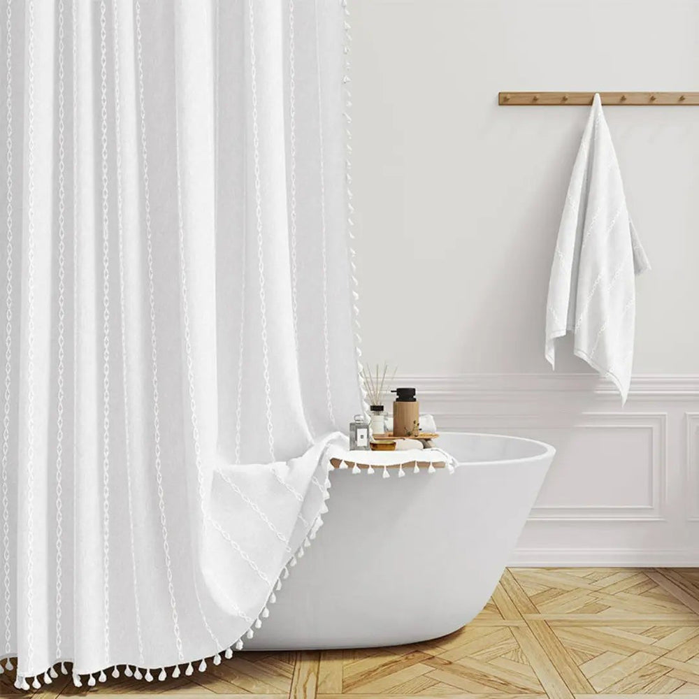 LINENCOVE Bohemian Waterproof Linen Shower Curtain with Tassels - Stylish & Durable Bathroom Decor